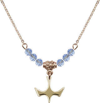 18" Hamilton Gold Plated Necklace with 4mm Light Sapphire Crystal Beads featuring a 14kt Gold Filled Holy Spirit Medal.