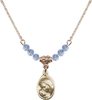 18" Hamilton Gold Plated Necklace with 4mm Light Sapphire Crystal Beads featuring a 14kt Gold Filled Madonna & Child Medal.