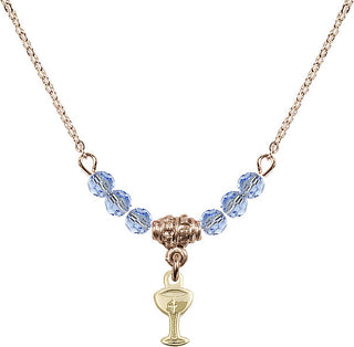 18" Hamilton Gold Plated Necklace with 4mm Light Sapphire Crystal Beads featuring a 14kt Gold Filled Chalice Medal.