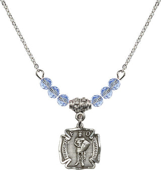 18" Rhodium Plated Necklace with 4mm Light Sapphire Crystal Beads featuring a Sterling Silver Saint Florian Medal. Engraved Catholic Saint Jewelry