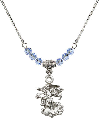 18" Rhodium Plated Necklace with 4mm Light Sapphire Crystal Beads featuring a Sterling Silver Saint Michael the Archangel Medal.