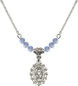 18" Rhodium Plated Necklace with 4mm Light Sapphire Crystal Beads featuring a Sterling Silver Miraculous Medal.