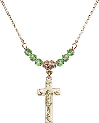 18" Hamilton Gold Plated Necklace with 4mm Peridot Crystal Beads featuring a 14kt Gold Filled Crucifix Medal.
