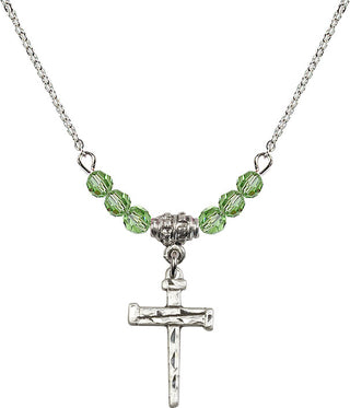 18" Rhodium Plated Necklace with 4mm Peridot Crystal Beads featuring a Sterling Silver Nail Cross Medal.