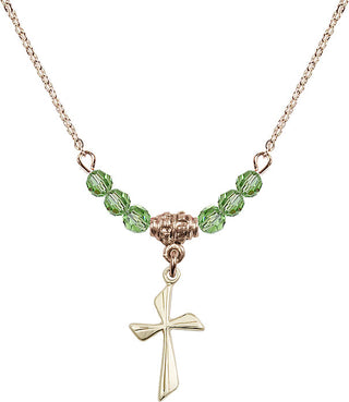 18" Hamilton Gold Plated Necklace with 4mm Peridot Crystal Beads featuring a 14kt Gold Filled Cross Medal.