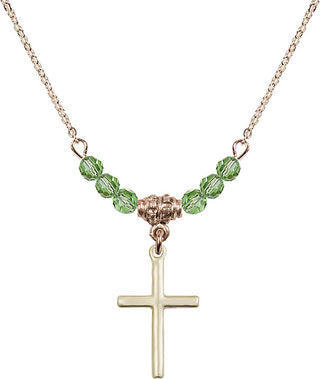 18" Hamilton Gold Plated Necklace with 4mm Peridot Crystal Beads featuring a 14kt Gold Filled Cross Medal.