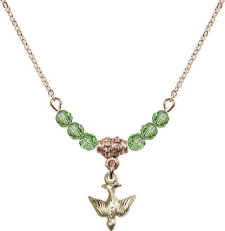 18" Hamilton Gold Plated Necklace with 4mm Peridot Crystal Beads featuring a 14kt Gold Filled Holy Spirit Medal.