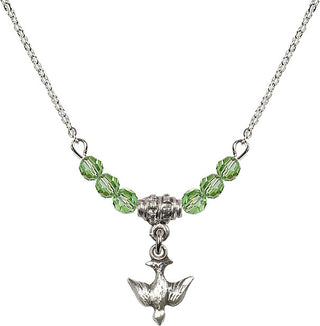 18" Rhodium Plated Necklace with 4mm Peridot Crystal Beads featuring a Sterling Silver Holy Spirit Medal.