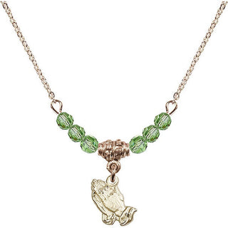 18" Hamilton Gold Plated Necklace with 4mm Peridot Crystal Beads featuring a 14kt Gold Filled Praying Hands Medal.