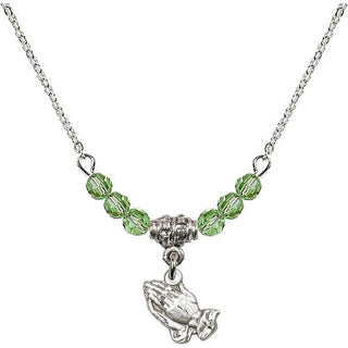 18" Rhodium Plated Necklace with 4mm Peridot Crystal Beads featuring a Sterling Silver Praying Hands Medal.