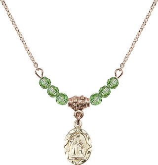18" Hamilton Gold Plated Necklace with 4mm Peridot Crystal Beads featuring a 14kt Gold Filled Saint Ann Medal.
