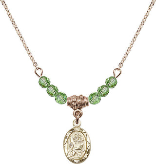 18" Hamilton Gold Plated Necklace with 4mm Peridot Crystal Beads featuring a 14kt Gold Filled Saint Christopher Medal.