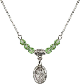 18" Rhodium Plated Necklace with 4mm Peridot Crystal Beads featuring a Sterling Silver Guardian Angel Medal.