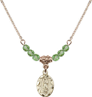 18" Hamilton Gold Plated Necklace with 4mm Peridot Crystal Beads featuring a 14kt Gold Filled Our Lady of Guadalupe Medal.