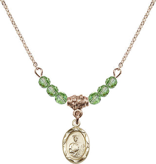 18" Hamilton Gold Plated Necklace with 4mm Peridot Crystal Beads featuring a 14kt Gold Filled Saint Jude Medal.