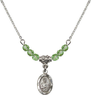 18" Rhodium Plated Necklace with 4mm Peridot Crystal Beads featuring a Sterling Silver Saint Jude Medal.
