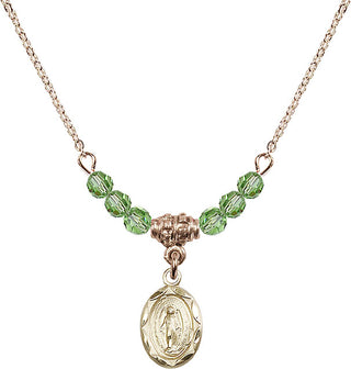 18" Hamilton Gold Plated Necklace with 4mm Peridot Crystal Beads featuring a 14kt Gold Filled Miraculous Medal.