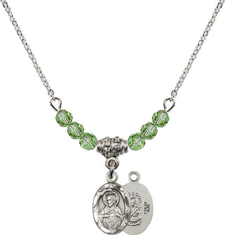 18" Rhodium Plated Necklace with 4mm Peridot Crystal Beads featuring a Sterling Silver Scapular Medal.