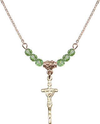 18" Hamilton Gold Plated Necklace with 4mm Peridot Crystal Beads featuring a 14kt Gold Filled Papal Crucifix Medal.