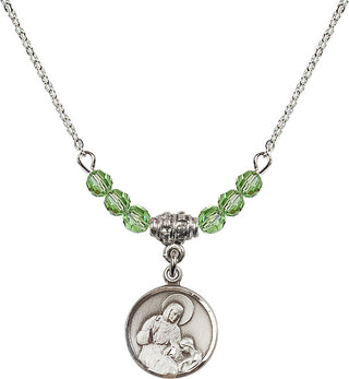 18" Rhodium Plated Necklace with 4mm Peridot Crystal Beads featuring a Sterling Silver Saint Ann Medal. Engraved Catholic Saint Jewelry
