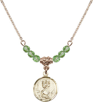 18" Hamilton Gold Plated Necklace with 4mm Peridot Crystal Beads featuring a 14kt Gold Filled Saint Christopher Medal. Engraved Catholic Saint Jewelry