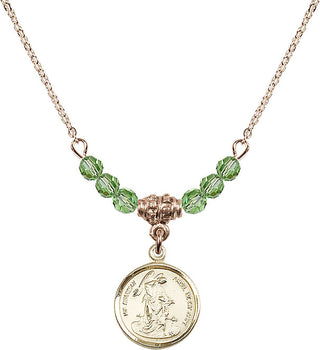 18" Hamilton Gold Plated Necklace with 4mm Peridot Crystal Beads featuring a 14kt Gold Filled Guardian Angel Medal. Engraved Catholic Saint Jewelry