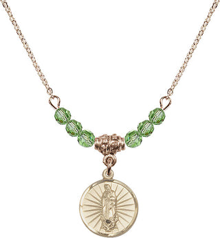 18" Hamilton Gold Plated Necklace with 4mm Peridot Crystal Beads featuring a 14kt Gold Filled Our Lady of Guadalupe Medal. Engraved Catholic Saint Jewelry