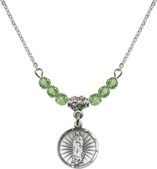 18" Rhodium Plated Necklace with 4mm Peridot Crystal Beads featuring a Sterling Silver Our Lady of Guadalupe Medal. Engraved Catholic Saint Jewelry