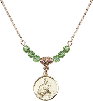 18" Hamilton Gold Plated Necklace with 4mm Peridot Crystal Beads featuring a 14kt Gold Filled Saint Gerard Medal. Engraved Catholic Saint Jewelry