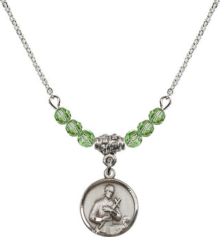 18" Rhodium Plated Necklace with 4mm Peridot Crystal Beads featuring a Sterling Silver Saint Gerard Medal. Engraved Catholic Saint Jewelry