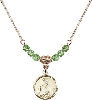 18" Hamilton Gold Plated Necklace with 4mm Peridot Crystal Beads featuring a 14kt Gold Filled Saint Jude Medal. Engraved Catholic Saint Jewelry