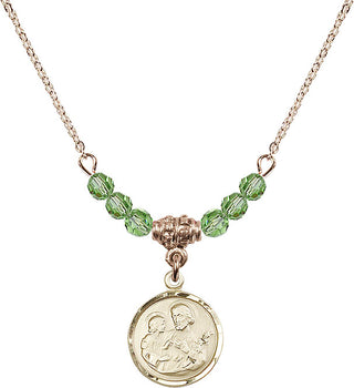 18" Hamilton Gold Plated Necklace with 4mm Peridot Crystal Beads featuring a 14kt Gold Filled Saint Joseph Medal. Engraved Catholic Saint Jewelry