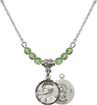 18" Rhodium Plated Necklace with 4mm Peridot Crystal Beads featuring a Sterling Silver Scapular Medal.