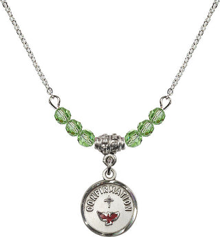 18" Rhodium Plated Necklace with 4mm Peridot Crystal Beads featuring a Sterling Silver Confirmation Medal. Engraved Catholic Saint Jewelry