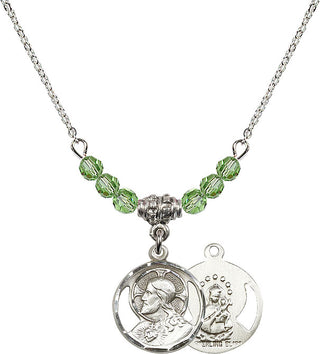 18" Rhodium Plated Necklace with 4mm Peridot Crystal Beads featuring a Sterling Silver Scapular Medal.