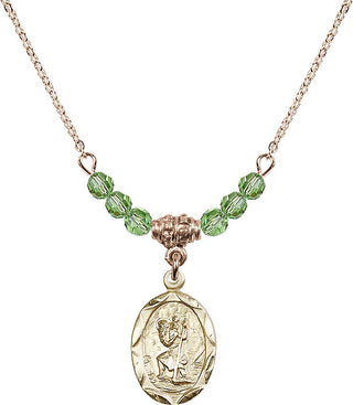 18" Hamilton Gold Plated Necklace with 4mm Peridot Crystal Beads featuring a 14kt Gold Filled Saint Christopher Medal. Engraved Catholic Saint Jewelry