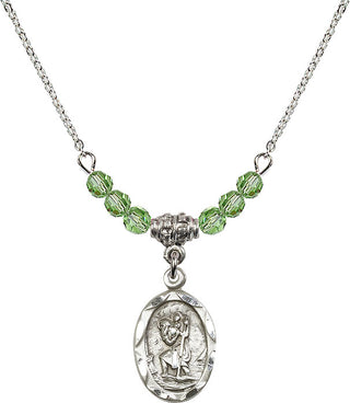18" Rhodium Plated Necklace with 4mm Peridot Crystal Beads featuring a Sterling Silver Saint Christopher Medal. Engraved Catholic Saint Jewelry