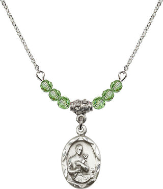 18" Rhodium Plated Necklace with 4mm Peridot Crystal Beads featuring a Sterling Silver Saint Gerard Medal. Engraved Catholic Saint Jewelry