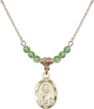 18" Hamilton Gold Plated Necklace with 4mm Peridot Crystal Beads featuring a 14kt Gold Filled Saint Jude Medal. Engraved Catholic Saint Jewelry