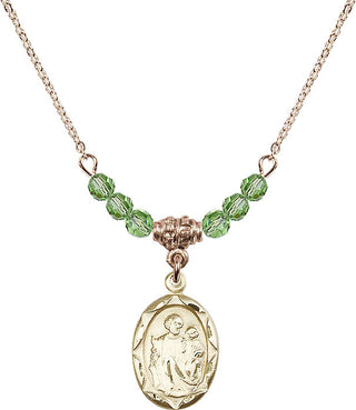 18" Hamilton Gold Plated Necklace with 4mm Peridot Crystal Beads featuring a 14kt Gold Filled Saint Joseph Medal. Engraved Catholic Saint Jewelry