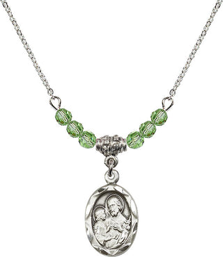 18" Rhodium Plated Necklace with 4mm Peridot Crystal Beads featuring a Sterling Silver Saint Joseph Medal. Engraved Catholic Saint Jewelry