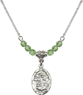 18" Rhodium Plated Necklace with 4mm Peridot Crystal Beads featuring a Sterling Silver Saint Michael the Archangel Medal.