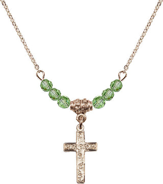 18" Hamilton Gold Plated Necklace with 4mm Peridot Crystal Beads featuring a 14kt Gold Filled Cross Medal.