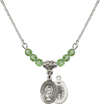 18" Rhodium Plated Necklace with 4mm Peridot Crystal Beads featuring a Sterling Silver Miraculous Medal.
