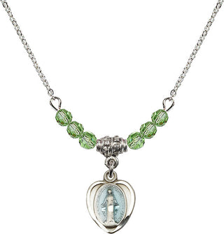 18" Rhodium Plated Necklace with 4mm Peridot Crystal Beads featuring a Sterling Silver Miraculous Medal.