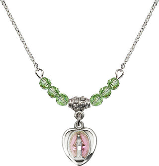 18" Rhodium Plated Necklace with 4mm Peridot Crystal Beads featuring a Sterling Silver Miraculous Medal.