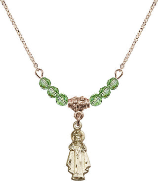 18" Hamilton Gold Plated Necklace with 4mm Peridot Crystal Beads featuring a 14kt Gold Filled Infant of Prague Medal.