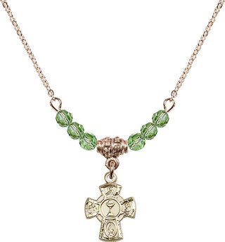 18" Hamilton Gold Plated Necklace with 4mm Peridot Crystal Beads featuring a 14kt Gold Filled 5-Way / Chalice Medal.