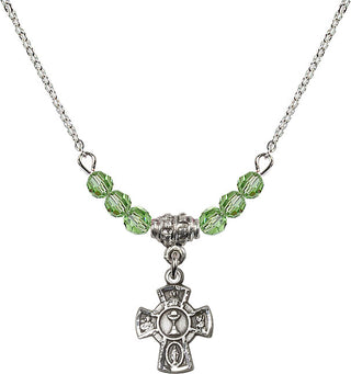 18" Rhodium Plated Necklace with 4mm Peridot Crystal Beads featuring a Sterling Silver 5-Way / Chalice Medal.