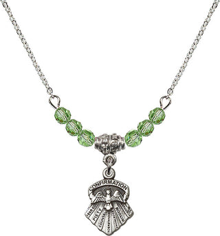 18" Rhodium Plated Necklace with 4mm Peridot Crystal Beads featuring a Sterling Silver Seven Gifts Medal.